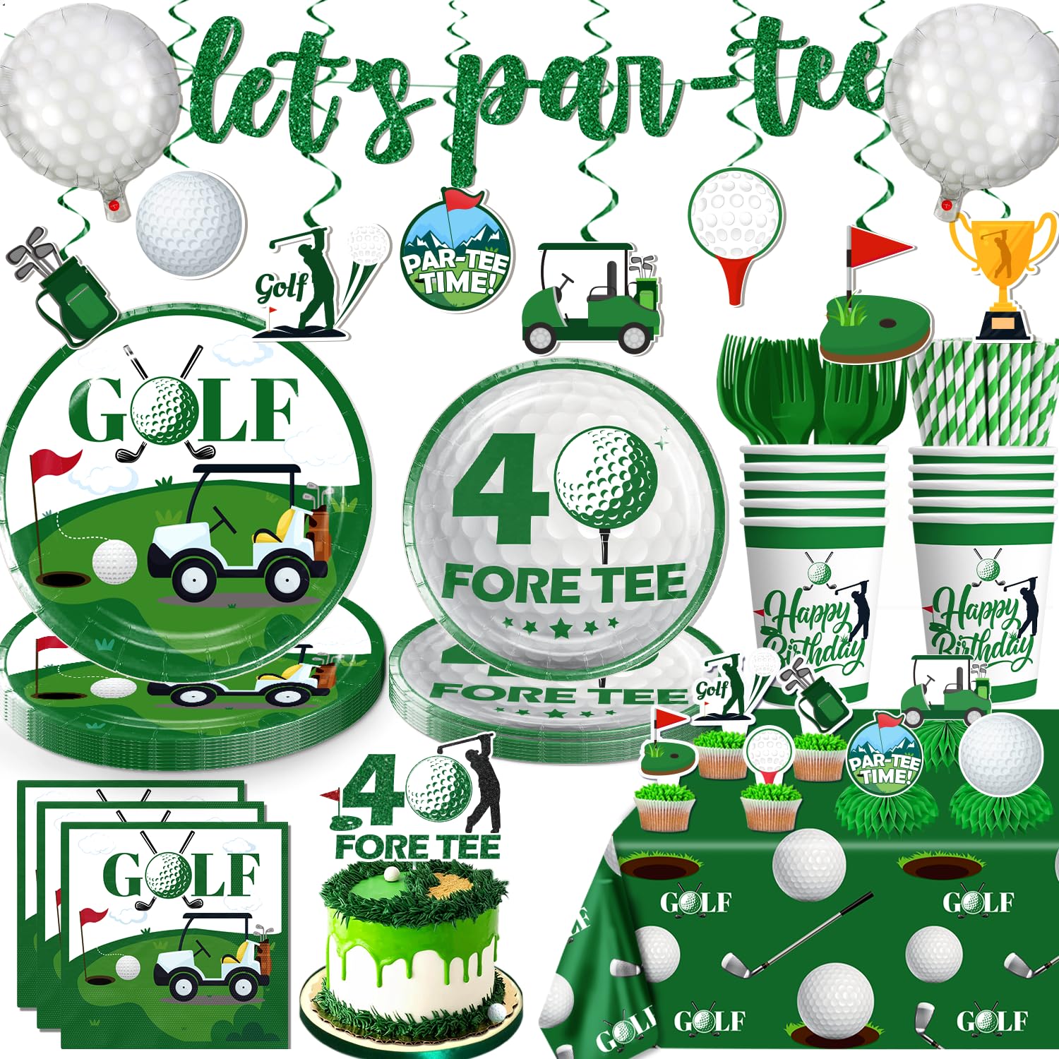 Photo 1 of 187Pcs Fore Tee Golf Birthday Party Decorations Tableware Set Serves 25 Guests, Golf Themed 40th Birthday Decorations for Men Include Banner, Plates, Balloons, Cake Topper, Cupcake Toppers, Napkins