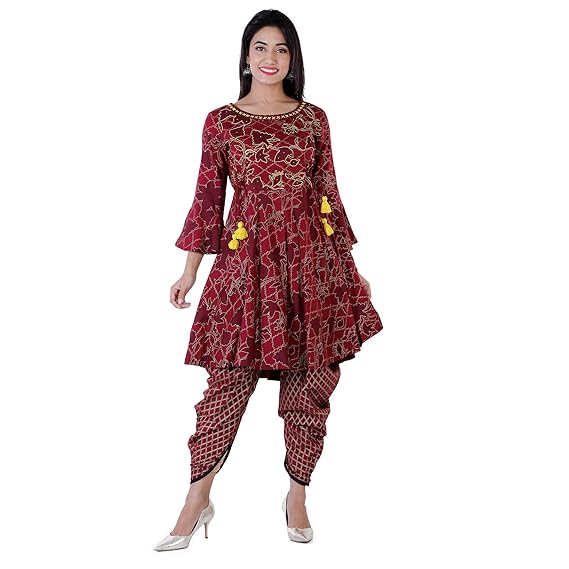 Women's Rayon Maroon Printed Flared Kurti With Dhoti Pant (AVC09_Maroon)