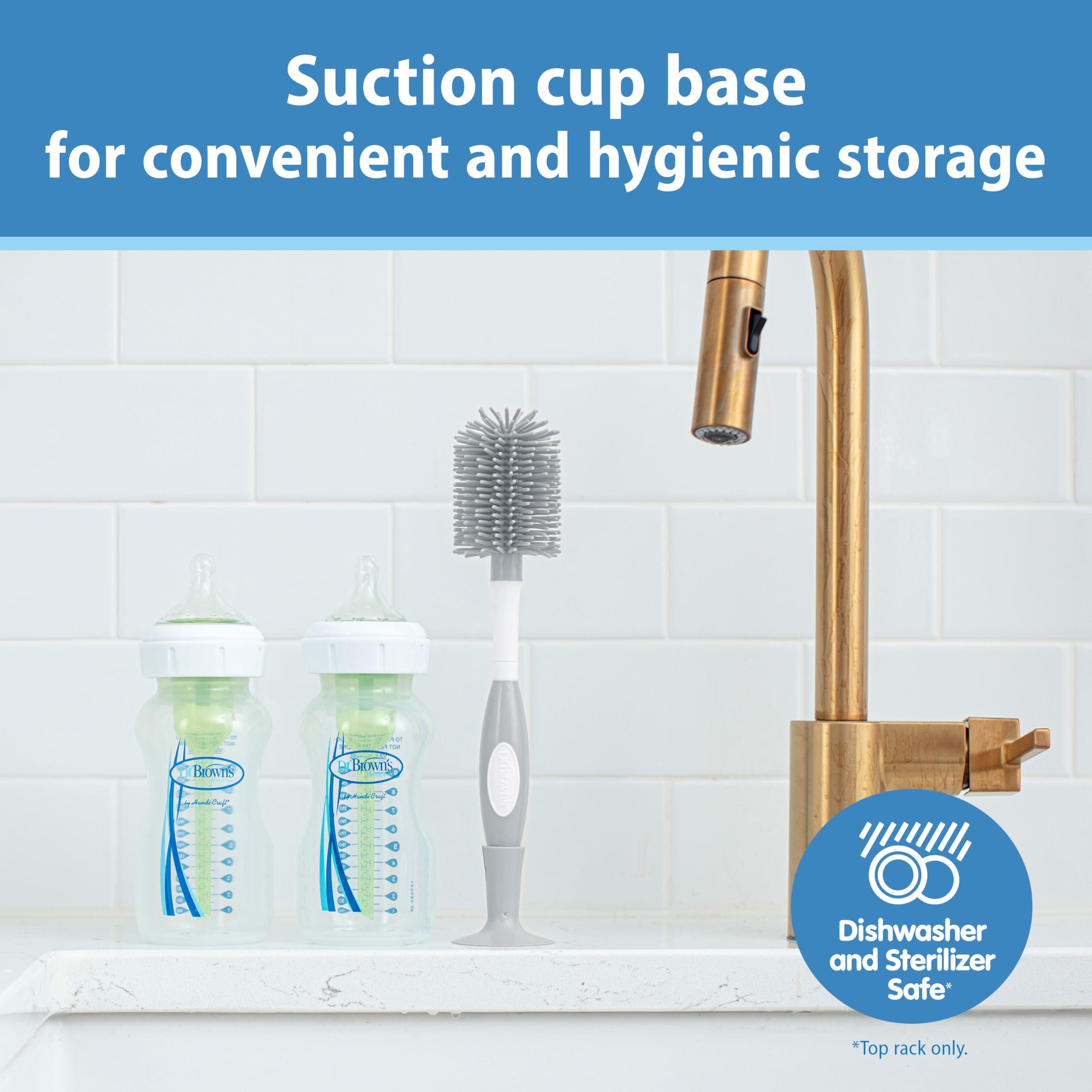 Dr. Brown's Soft Touch No Scratch Baby Bottle Cleaning Brush, Nipple Cleaner & Suction Cup Base for Easy Storage, BPA Free, Gray