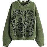 SHENHE Women's Oversized Skeleton Pattern Ripped Round Neck Sweater Pullover