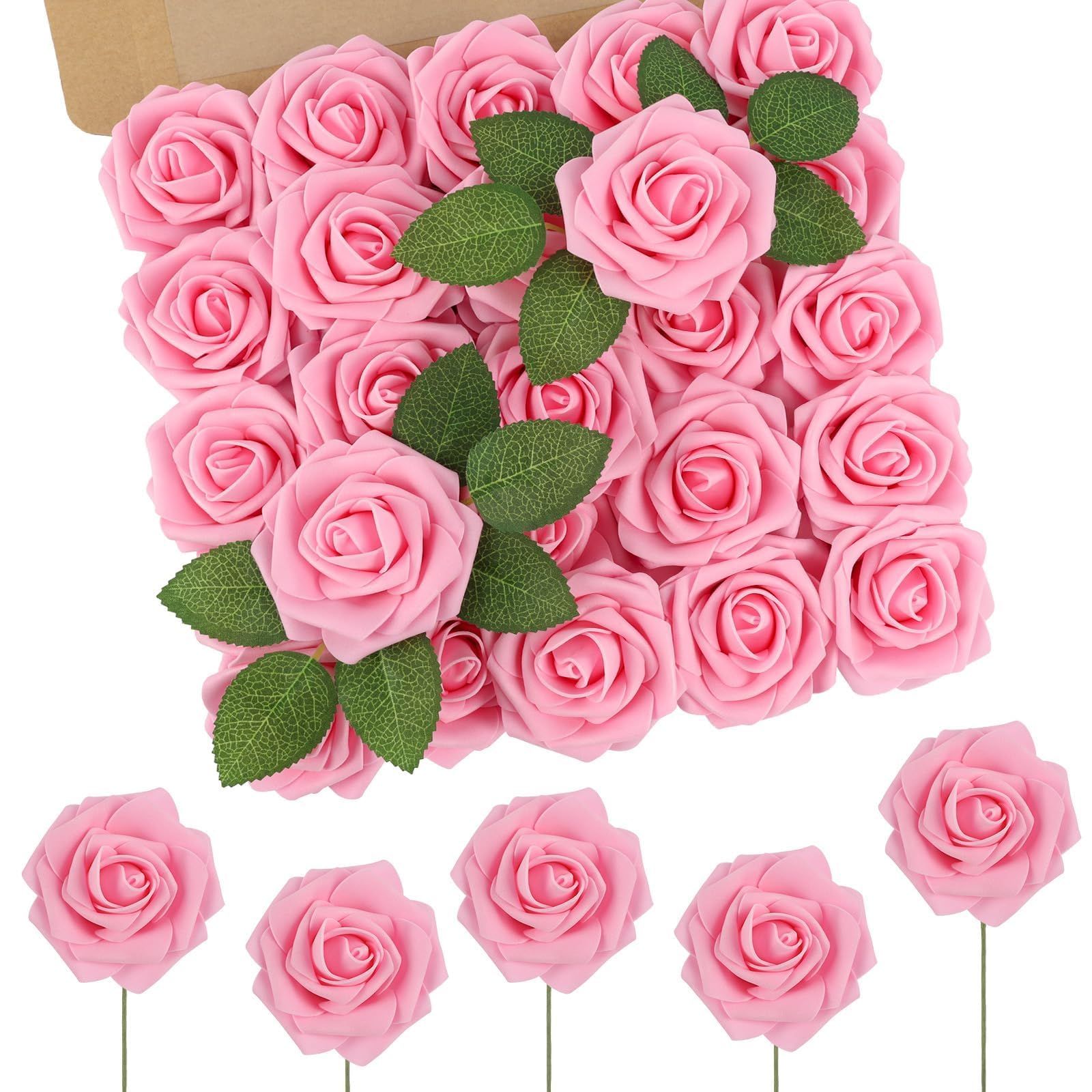 N&T NIETING Artificial Roses Flowers, 25pcs Real Touch Foam Rose with Stem for DIY Wedding Bouquet Valentine's Day Mother's Day Home Centerpiece Decor, Pink — image 1