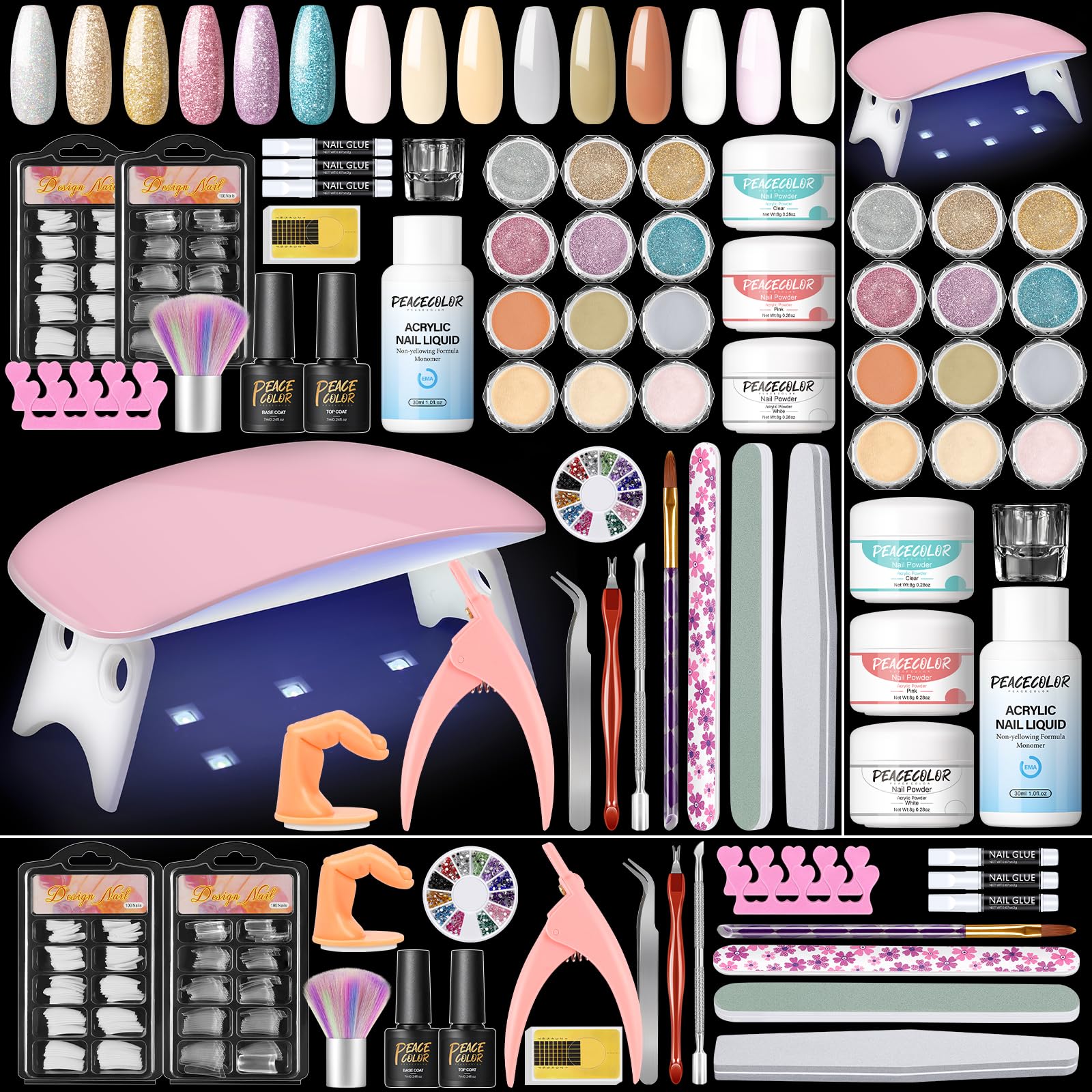 PEACECOLOR Acrylic Nail Kit With 15 Colors Powder, Lamp, Base Top Coat - Full Set for Beginners, Gift for Women