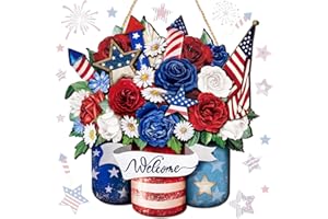 Seeloowy 4th of July Door Sign Patriotic Welcome Door Decoration Memorial Day Wreath Flower Style Hanging Sign Red White Blue American Flag Door Hanger for Independence Day Outdoor Home Decor(Star)