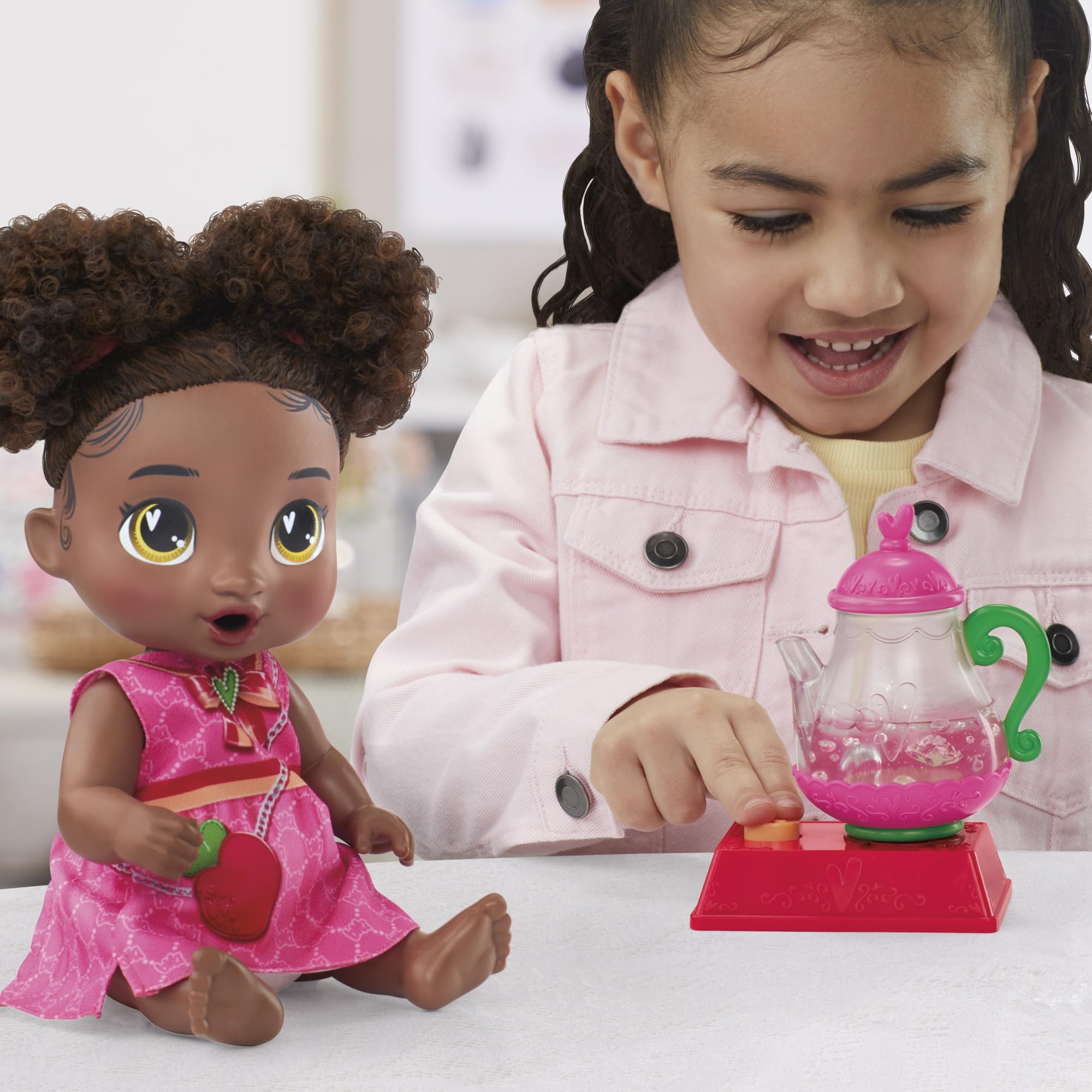 Baby Alive Bubbly Tea Party Berry Boo Doll with Teapot Accessories, Black Hair, 11 Inches, Kids Toys, Ages 3+