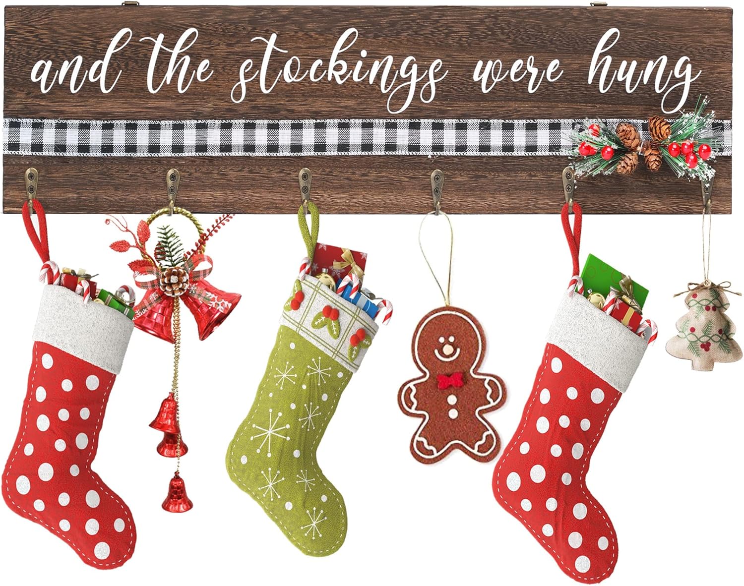 Stockings & Holders - NEWLIGHTURE Christmas Stocking Holder, The Stockings were Hung Wall Sign Christmas Stocking Hanger with 6 Hooks Wood Wall Mount Holder for Mantle Fireplace 24.5inch (Xmas)