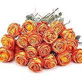 Suncalla 20 Pcs Artificial Roses Flowers Bulk, Vintage Burnt Edge Silk Fake Roses with Long Stems Realistic Flowers for DIY Wedding Valentines Bouquet Centerpiece Home Party Decor(Orange)
