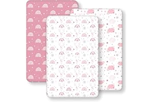 FIEMOL Baby Bedside Bassinet Sheets Fitted Girl, 33”x20” Compatible with Baby Delight Dream On Me & Most Rectangle Bedside Sleeper Bassinet Mattresses, Super Soft Microfiber Pink Rainbow