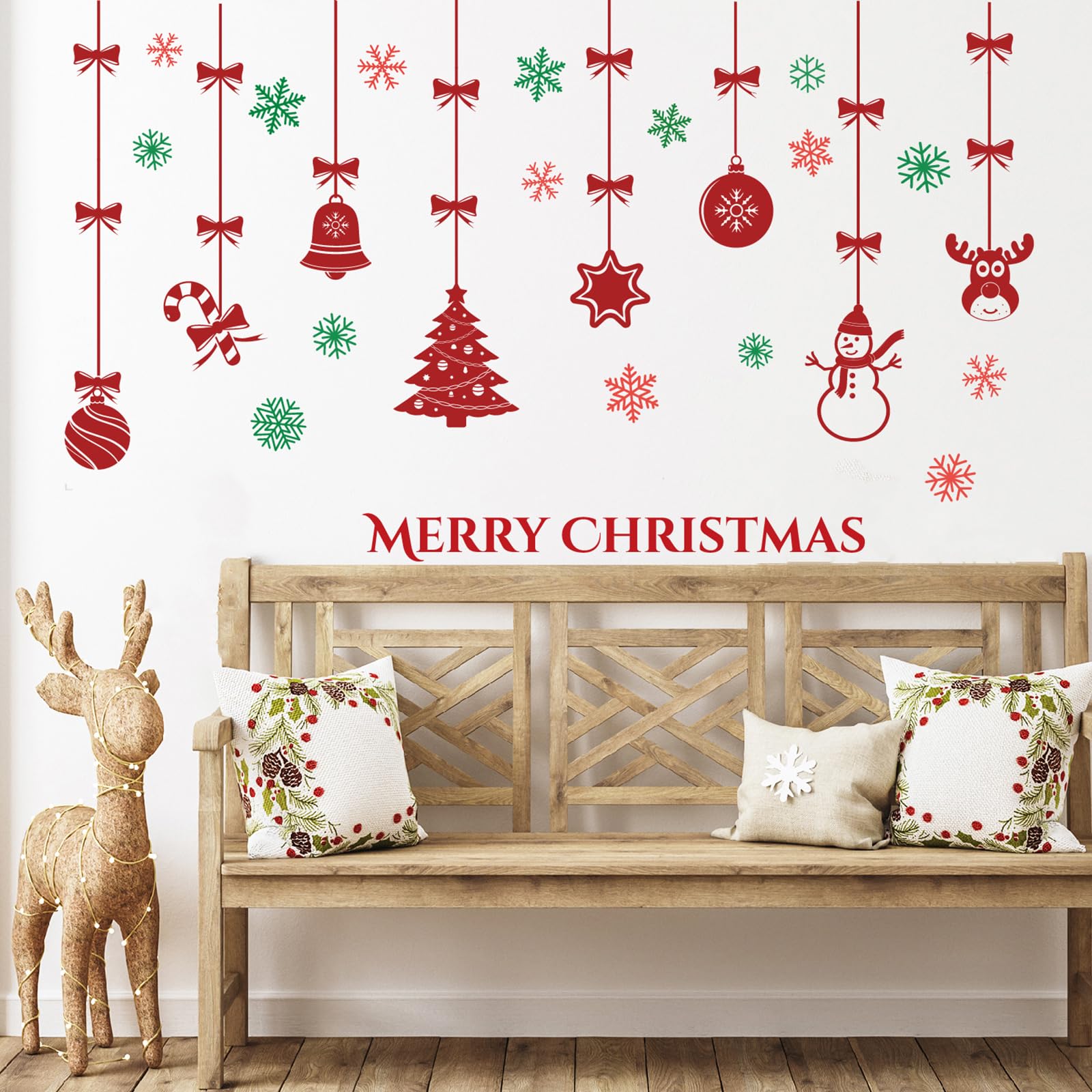 Christmas Wall Decals – Red Hanging Ornaments Stickers, Merry Christmas Peel and Stick Removable Holiday Wall Decor for DIY Christmas Decorations in Living Room, Kids Room, Classroom & Fireplace