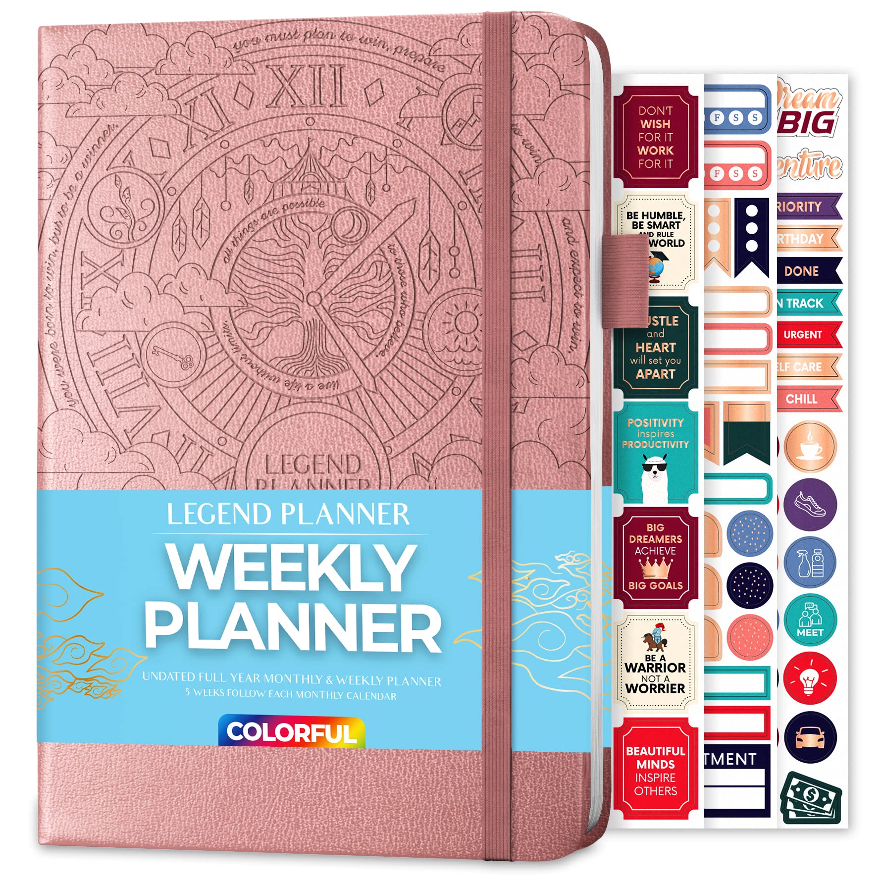 Legend Weekly Colorful Planner 2nd Edition – Undated Life & Work Agenda Journal for Time Management, Goal Setting, Productivity, Tasks & To Do Lists – A5 size, Hardcover - Rose Gold Debossed