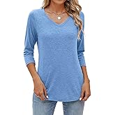 Sherosa Womens V Neck 3/4 Sleeve T Shirts Loose Fit Shirts Casual Solid Basic Tops Tees Blouses