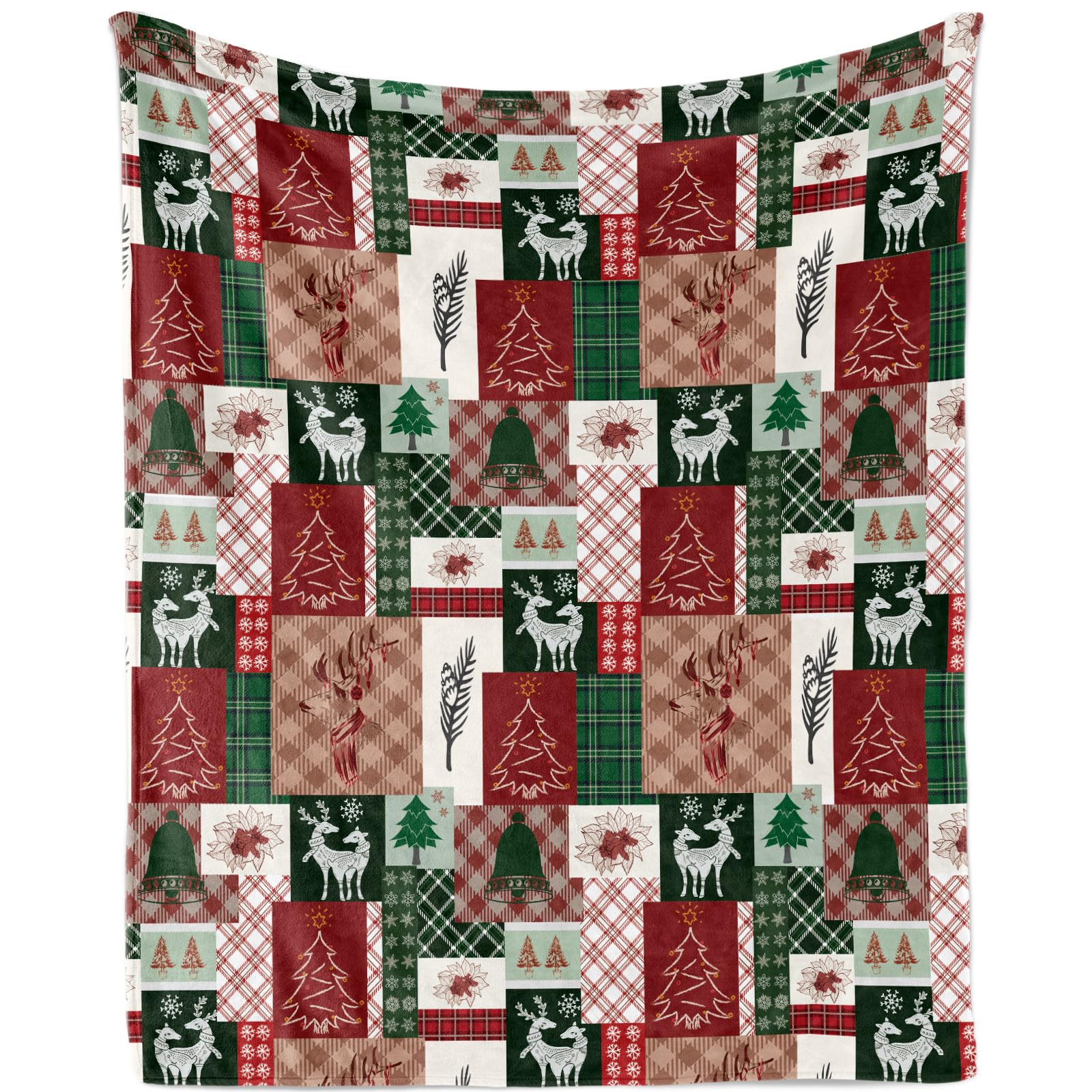 Red Christmas Patchwork Blanket Throw, Super Soft Cozy Flannel Fleece Xmas Blanket with Reindeer Snowflakes Pattern, 130x150cm