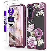 DagoRoo for Samsung Galaxy A36 5G Case+Tempered Glass Screen Protector,Military Grade Protective Slim Soft TPU & Hard PC,Girls Women Crystal Clear Flower Pattern Case Cover for A56 5G-Purple