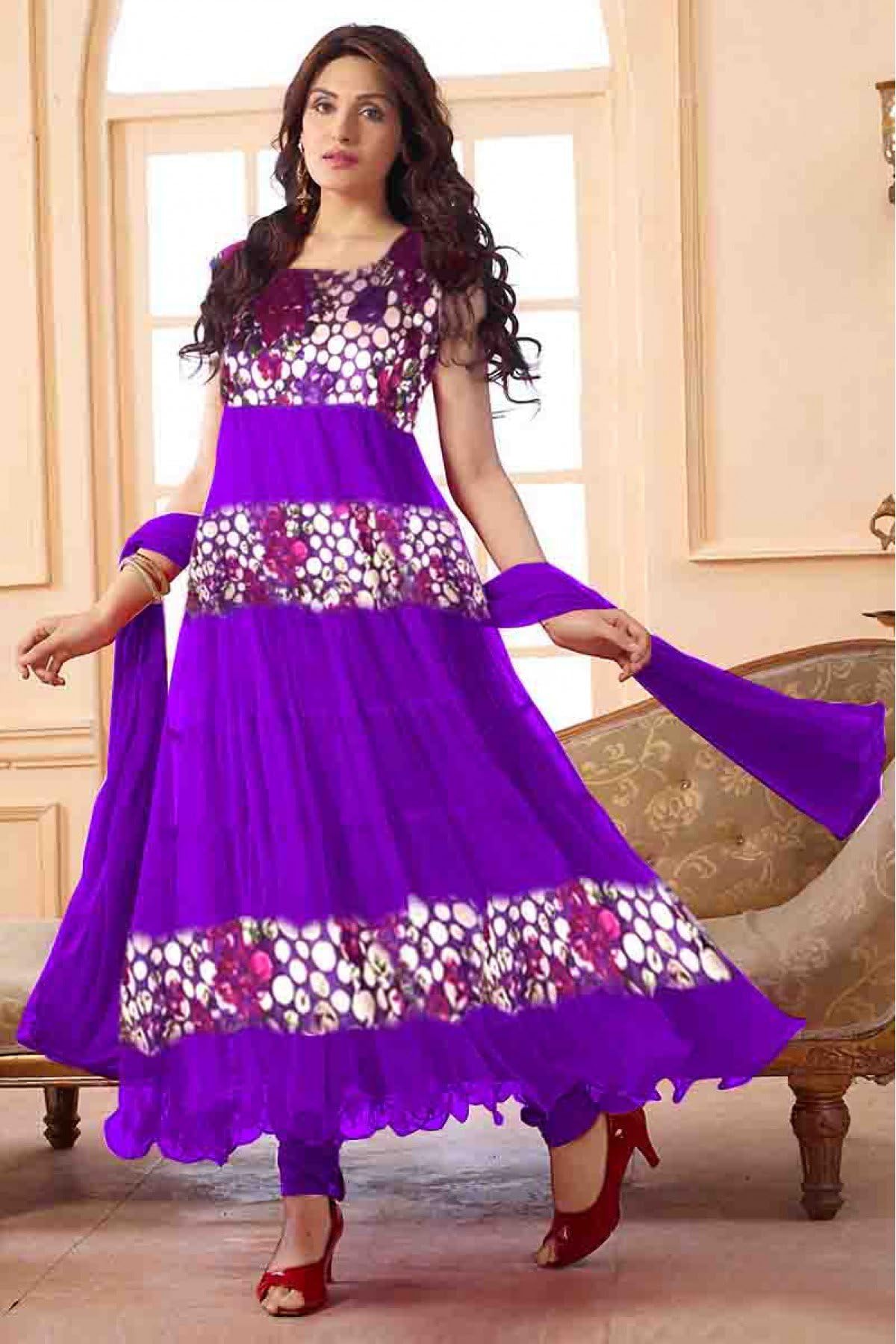 Net Digital Print Anarkali Suit in Purple Colour
