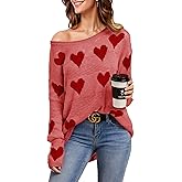 Valentines Heart Sweater for Women Crewneck Long Sleeve Knitted Cute Sweaters Shirts Ripped Hem Red Tops