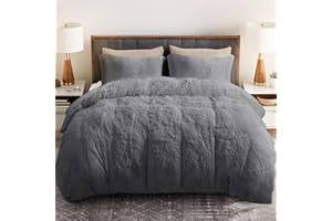 Sasttie Fluffy Duvet Cover Queen Size, 3 Pieces Shaggy Fuzzy Queen Duvet Cover Set, Grey Flannel Plush Faux Fur Duvet Cover with Zipper Closure, Corner Ties, 2 Pillowshams (90x90 Inch)