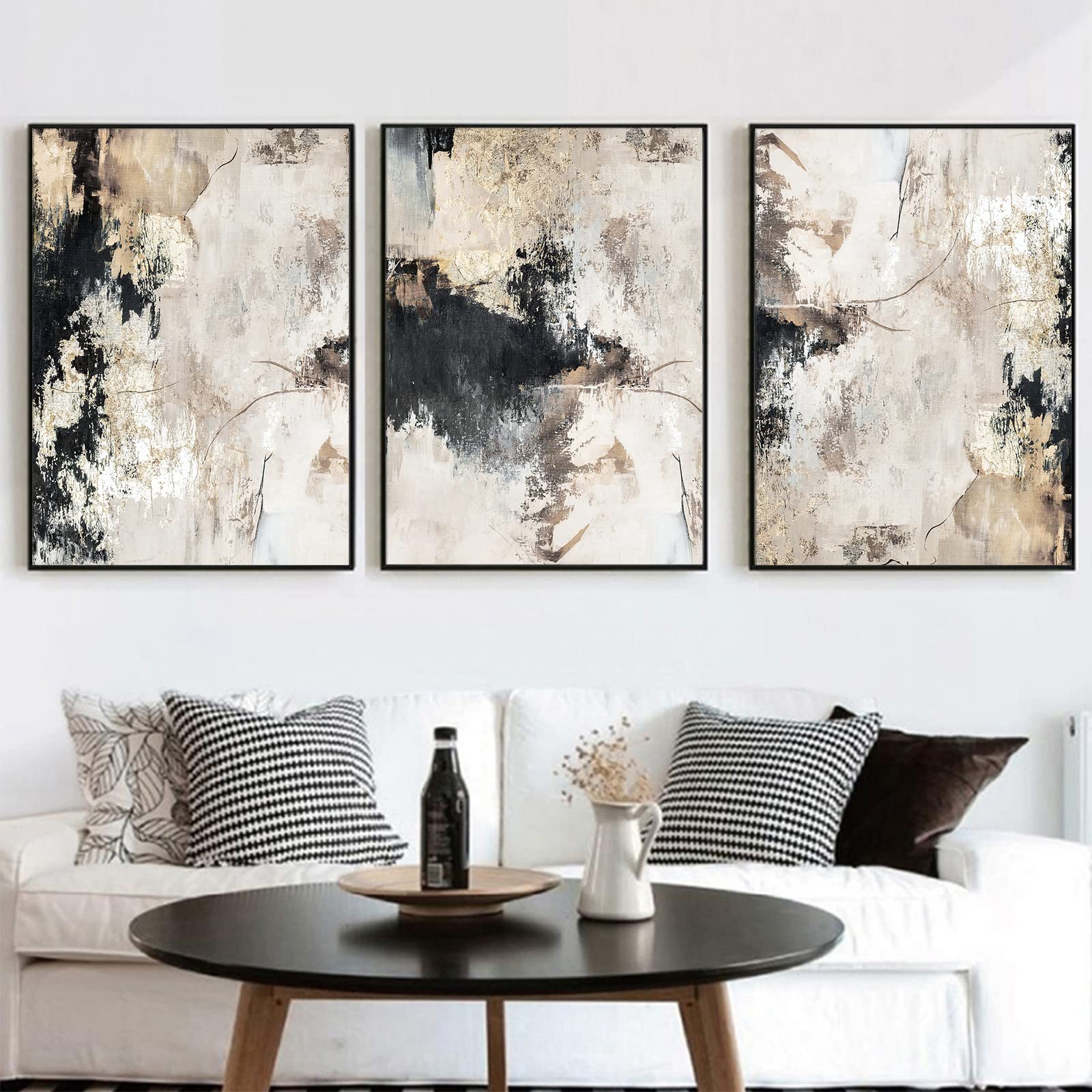 Photo 1 of **Frams not included** Abstract Black and White Grey Wall Art Black White Grey Pictures Beige Abstract Painting Modern Black Abstract Wall Art Black Beige Poster Gold Foil Artwork for Living Room Bedroom 16x24inchx3 No