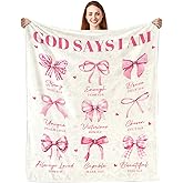 Christian Gifts for Women, God Says I Am Throw Blanket 50"X60", Inspirational Religious Birthday Gifts for Coquette Pink Bow Bible Verse Blanket, Christian Faith Jesus God Prayer Gift for Christmas