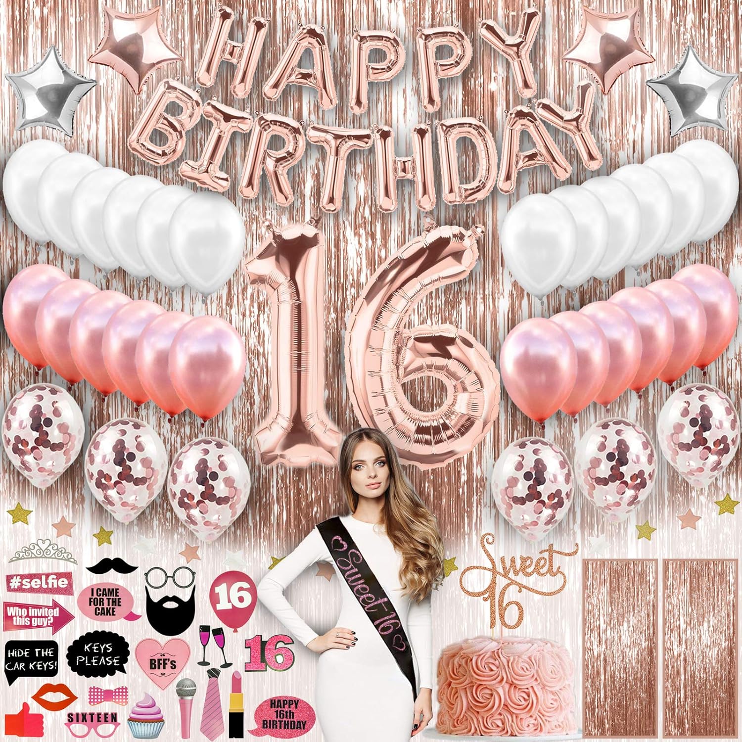 Sweet 16 Birthday Decorations WITH Photo Booth Backdrop and Props – Rose Gold Sweet 16 Decorations – Sweet 16th Birthday Party Supplies WITH Happy Birthday Banner, 16, Confetti and Mylar Balloons Sweet Sixteen: Toys & Games