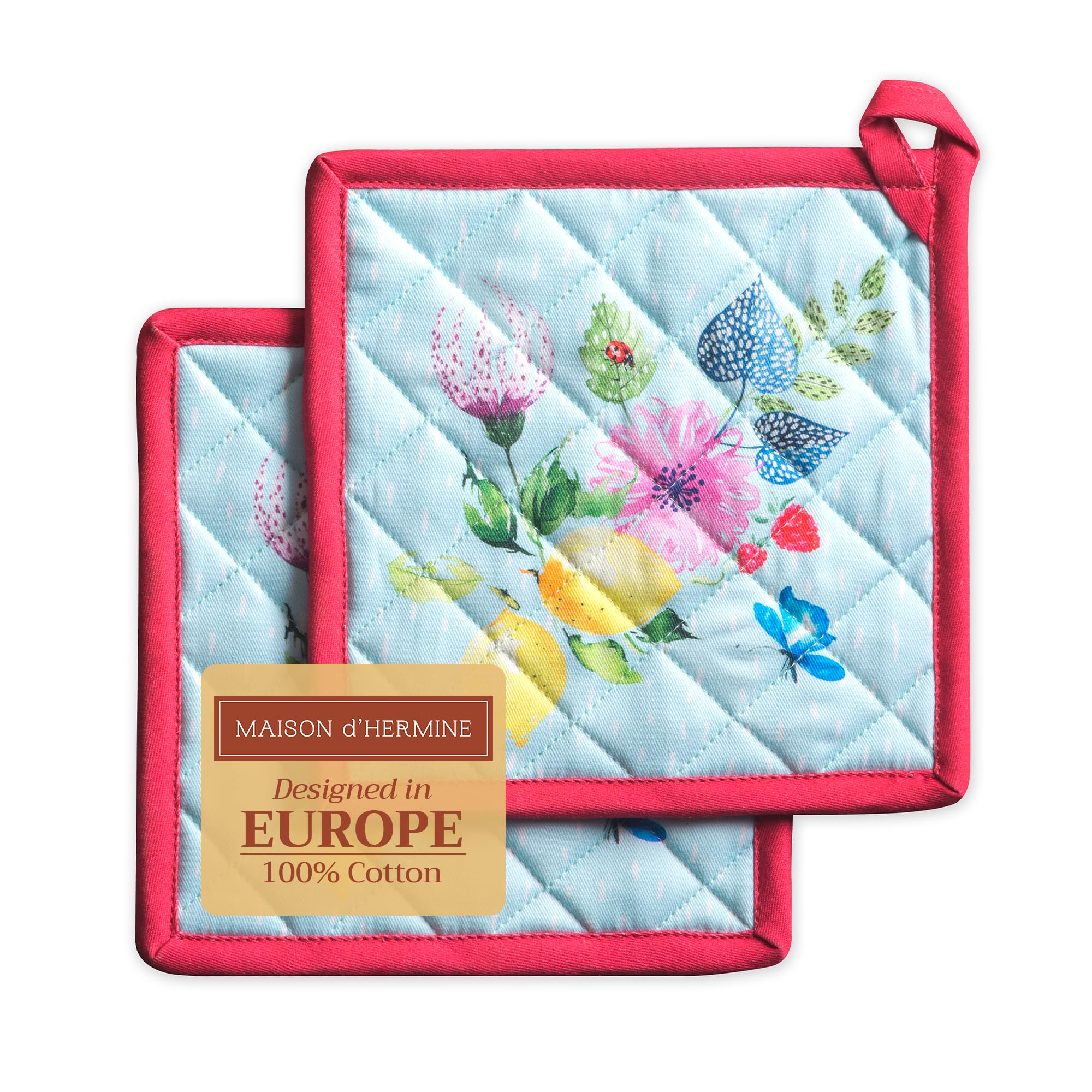 Maison d' Hermine Pot Holders Set 100% Cotton Heat Resistant Potholders 20 cm x 20 cm Hot Pads with Loop for Cooking Baking Handling Hot Pans Gifts for Mothers Day (Pack of 2, Jardin D'Ete - Mint)