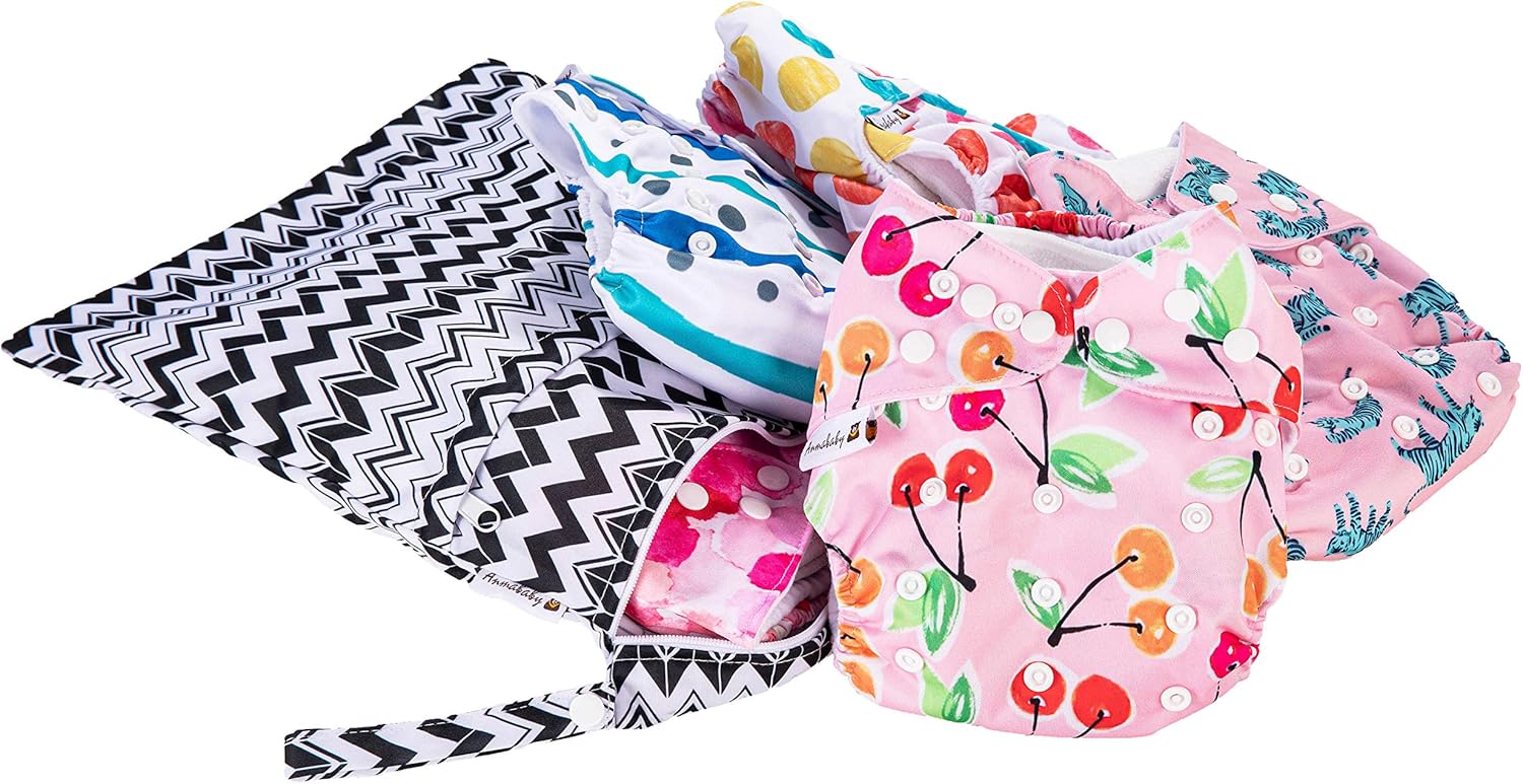 anmababy 4 pack adjustable size waterproof washable pocket cloth diapers with 4 inserts and wet bag