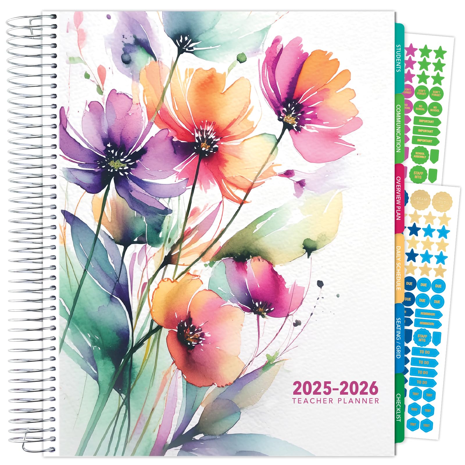 Photo 1 of Aug 2025-Jul 2026 Deluxe Teacher Planner Notebook 8.5x11 Daily Weekly Monthly Organizers with 7 Periods, Pocket Folder, Dated Calendar, Page Tabs, Bookmark and Planning Stickers (Rainbow Floral)