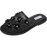 Tracieshoes Women's Mesh Flat Slippers Slip-On Slide Sandals with Sequin Floral Chinese Slippers