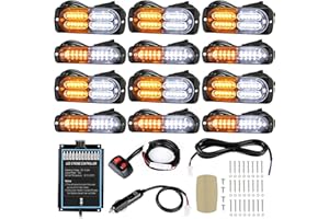 LINKITOM 12pcs Ultra Slim Sync Feature Surface Mount LED Emergency Beacon Hazard Warning Flashing Strobe Lights with Waterproof Controller and Long Heavy Cable for Car Truck Vehicle, Amber/White