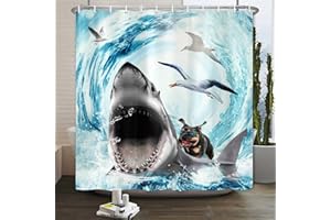 Dtekoj Funny Dog Shark Kids Shower Curtain, Hilarious Cool Dog Ride Shark Wave Boy Kids Bathroom Decor, Blue Fabric 70X70IN with 12PCS Hooks