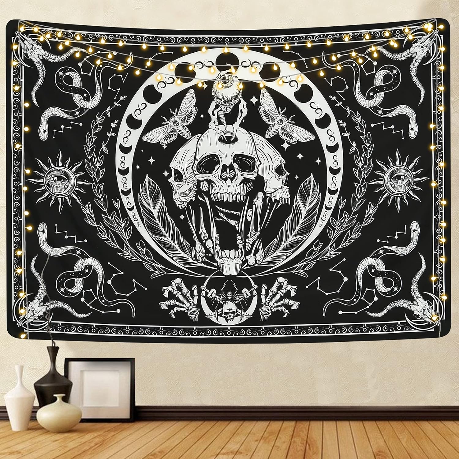 Tapestries - Krelymics Skull Tapestry Black and White Tapestries Snake Tapestry Moth Tapestry Trippy Skeleton Tapestry Mandala Moon Phase Tapestry Wall Hanging for Room(51.2 x 59.1 inches)