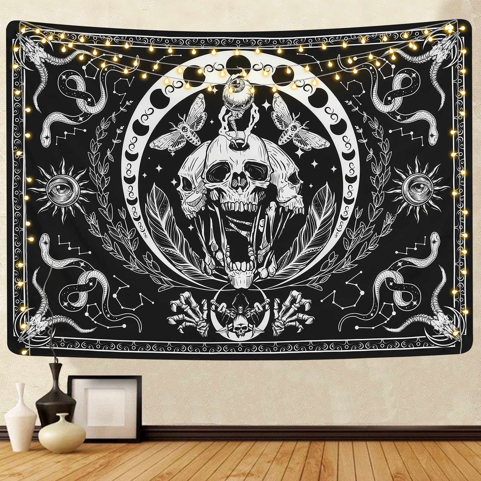 Yugarlibi Skull Tapestry Aesthetic Sun and Moon Phase Skeleton Wall Hanging Snakes Moths Tapestry Galaxy Wall Art Wall Cloth Decor For Bedroom Living Room Black and White 210x150cm
