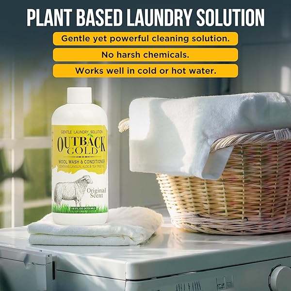 OUTBACK GOLD WOOL WASH, 16 OZ, ORIGINAL FLORAL SCENT, PLANT BASED, HE COMPATIBLE, LIQUID LAUNDRY DETERGENT, PERFECT SOAP FOR WOOL, CASHMERE, SILK, SHEEPSKIN, BABY ITEMS, MILD, NEUTRAL PH, MADE IN USA
