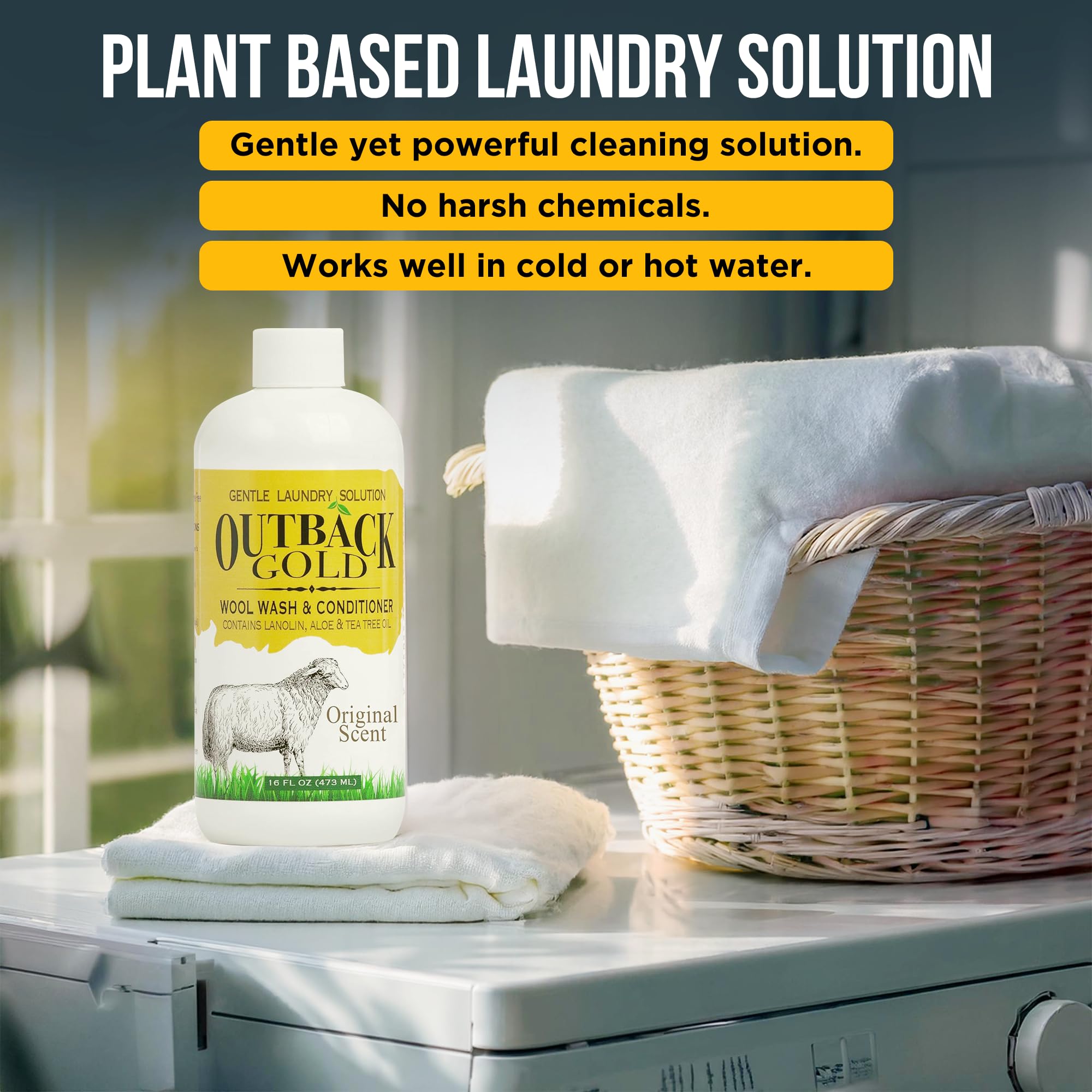 Outback Gold Wool Wash, 16 oz, Original Floral Scent, HE Compatible, Plant Based, Liquid Laundry Detergent, Perfect Soap for Wool, Cashmere, Silk, Sheepskin, Baby Items, Mild, Neutral pH, Made in USA
