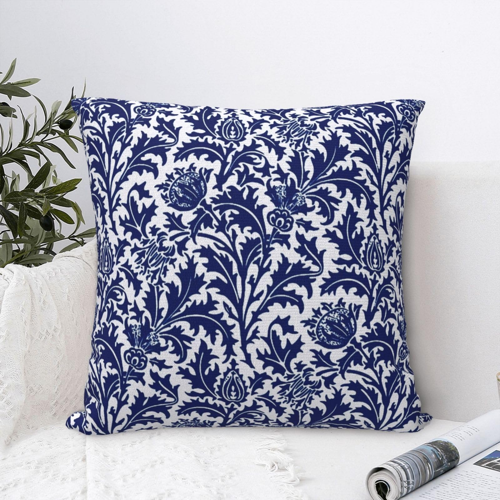 Thistle Damask Navy Blue and White William Morris Greenery Forest Animals Pheasant Decorative Throw Pillow Covers 18x18 inch Soft Pillowcase Aesthetic Cushion Cover for Home Decor Sofa Living Room โ image 1