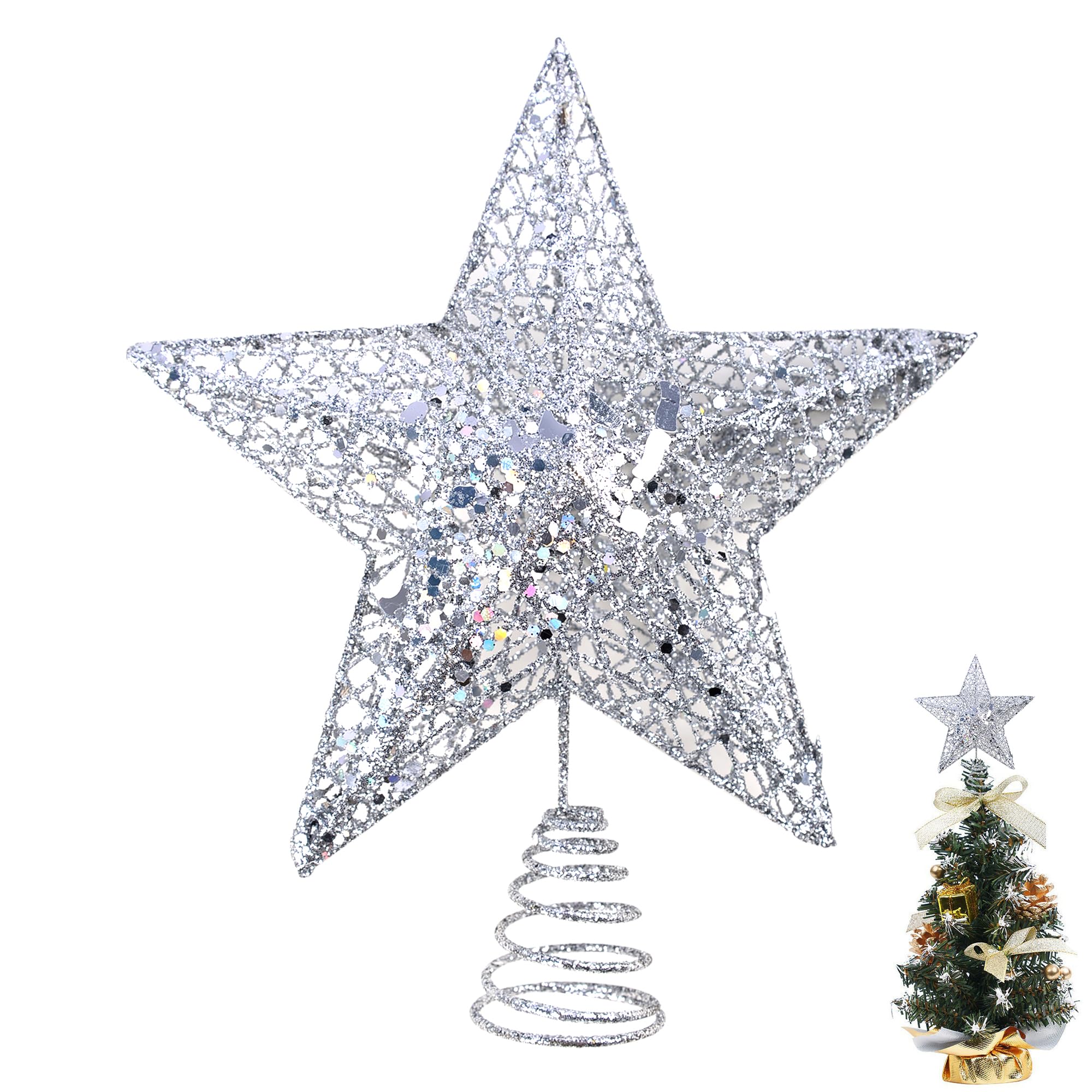 KEYIDO Silver Small Christmas Tree Topper Mini Star for Christmas Tree Metal Xmas Small Star for Top of Christmas Tree Decorations Width 12cm/4.7Inch High 15cm/6Inch