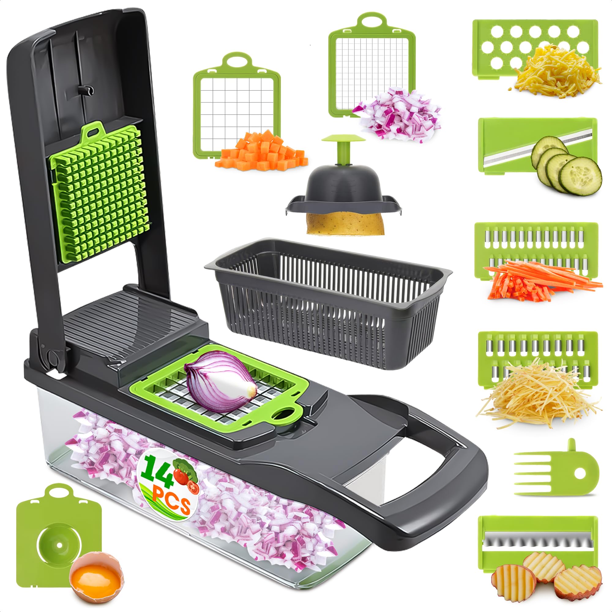 Photo 1 of 14-in-1 Food Chopper with Container – Veggie Chopper with Container and Lid Includes 6 Blades, Cheese Grater, Egg Separator & Finger Guard, Dishwasher Safe – Veggie Dicer for Chips, Cubes & Strips