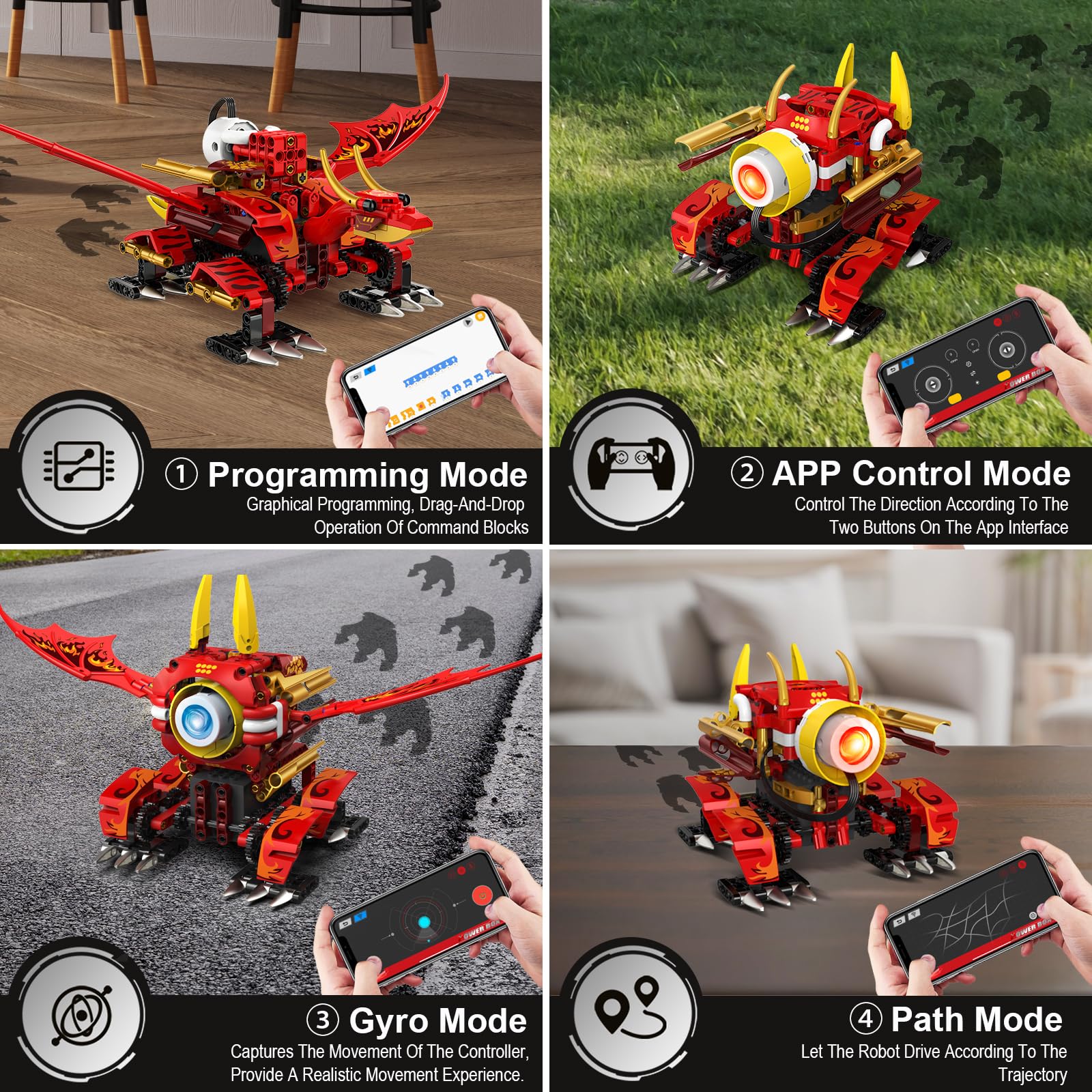 HOGOKIDS 5-in-1-Drachenroboter-Bauspielzeug mit 6 Lichtfarben und 5 Lichteffekten – 354PCS Roboter-Spielzeugset mit Fernbedienung und App-Steuerung für Kinder, Geschenke für Jungen Mädchen ab 8 Jahren 5