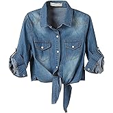 SeekMe Womens Denim Shirts Tie Front Crop Top Button Down Chambray Jean Shirts