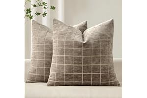 MIULEE Decorative Chenille Check Throw Pillow Covers Vintage Plaid Couch Pillows 20x20 Inch Set of 2 Neutral Boho Farmhouse Cushion Covers Modern Spring Home Decor for Sofa Bed Living Room Taupe Grey