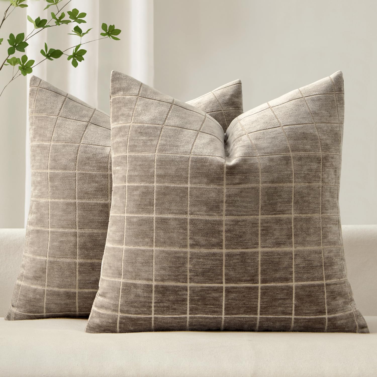 Photo 1 of ***MAJOR TEAR*** MIULEE Decorative Chenille Check Throw Pillow Covers Vintage Plaid Couch Pillows 20x20 Inch Set of 2 Neutral Boho Farmhouse Cushion Covers Modern Spring Home Decor for Sofa Bed Living Room Taupe Grey
