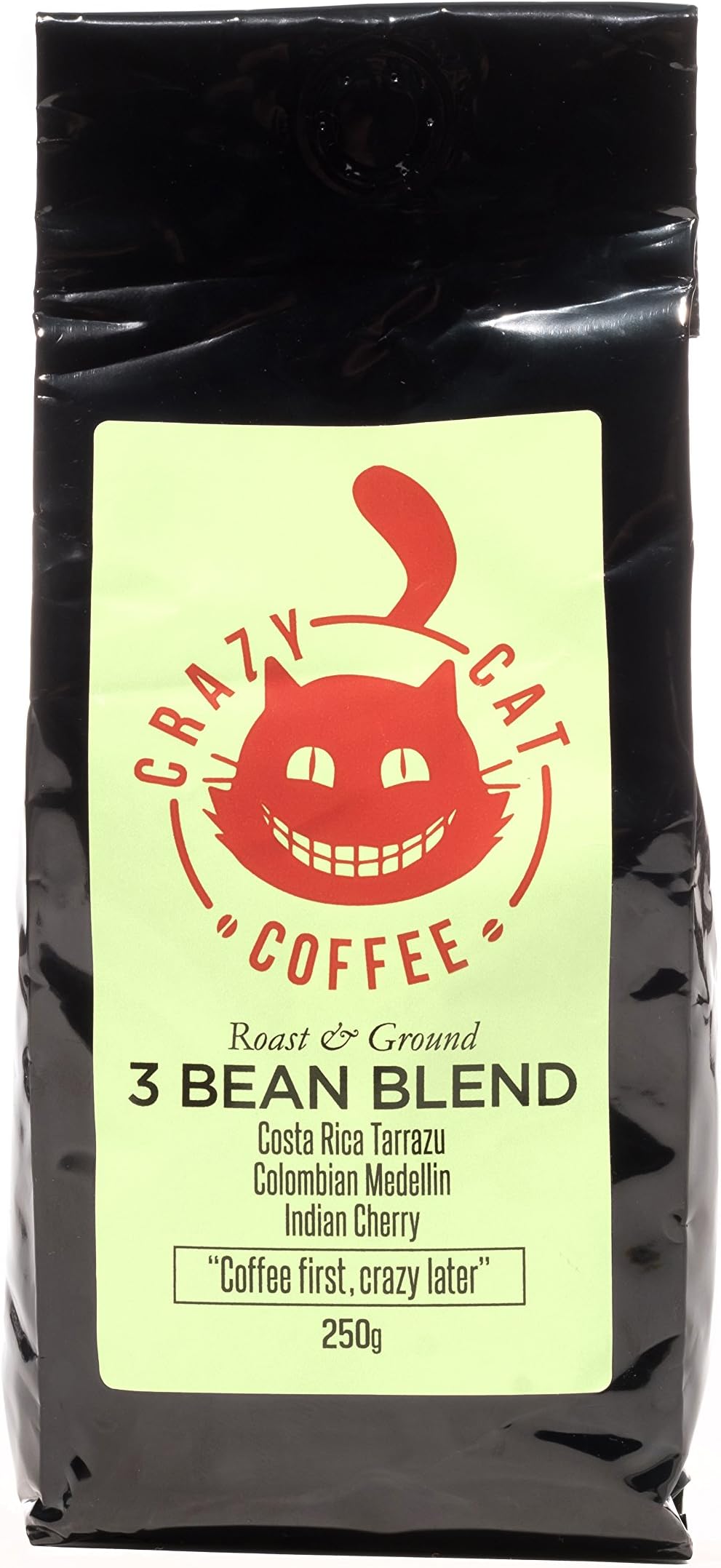 Crazy Cat 3 Bean Blended Ground Coffee, Non-Bitter, Medium Strength 4, Full Bodied Flavour, Roasted and Ground to Perfection 250g