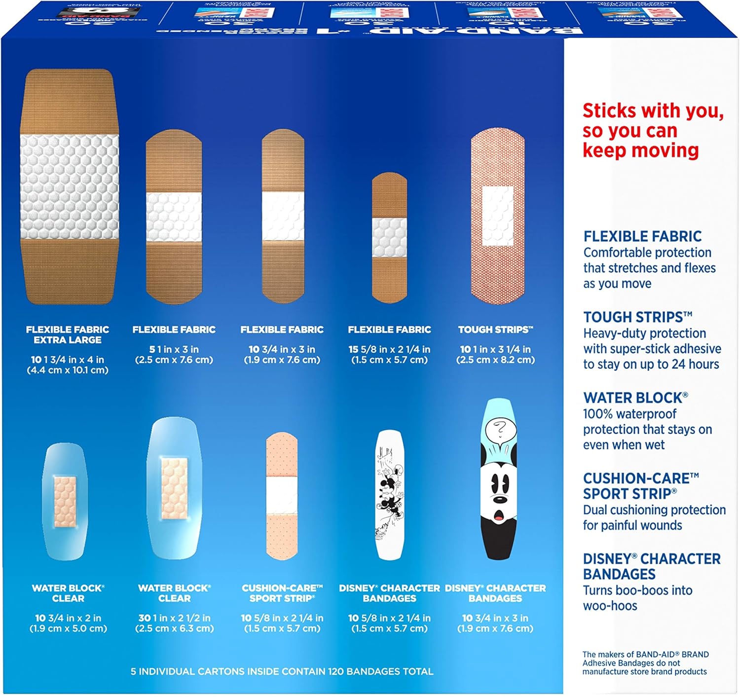 Band-Aid Brand Adhesive Bandage Family Variety Pack in Assorted Sizes including Water Block, Sport Strip, Tough Strips, Flexible Fabric and Disney Bandages for First Aid and Wound Care, 120 ct: Health & Personal Care