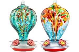 LaElvish Garden 2 Packs Hummingbird Feeder for Outdoors Hanging Ant and Bee Proof, 32OZ & 34OZ, Hand Blown Glass Hummingbird Feeders for Outside, Blue & Teal