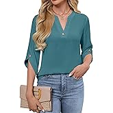Blooming Jelly Womens 3/4 Length Sleeve Tops V Neck Lightweight Dressy Casual Blouse Ladies Business Work Summer Trendy Shirt
