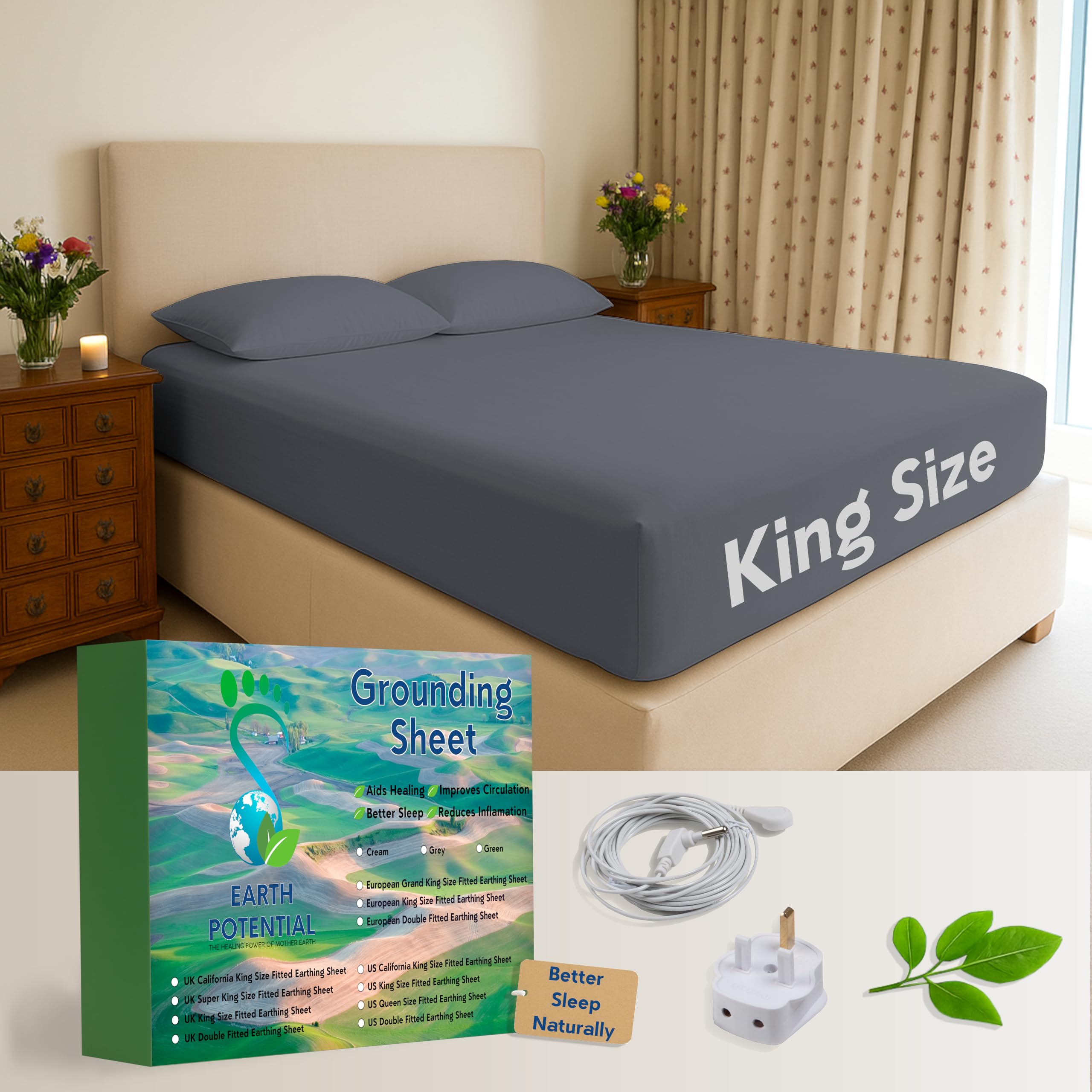 Earthing Grounding Fitted King-Size Sheet in Grey – 95% Cotton and 5% Soft Silver Conductive Thread for Healing and Better Sleep - supplied with a 5m earth cable and UK double outlet grounding plug
