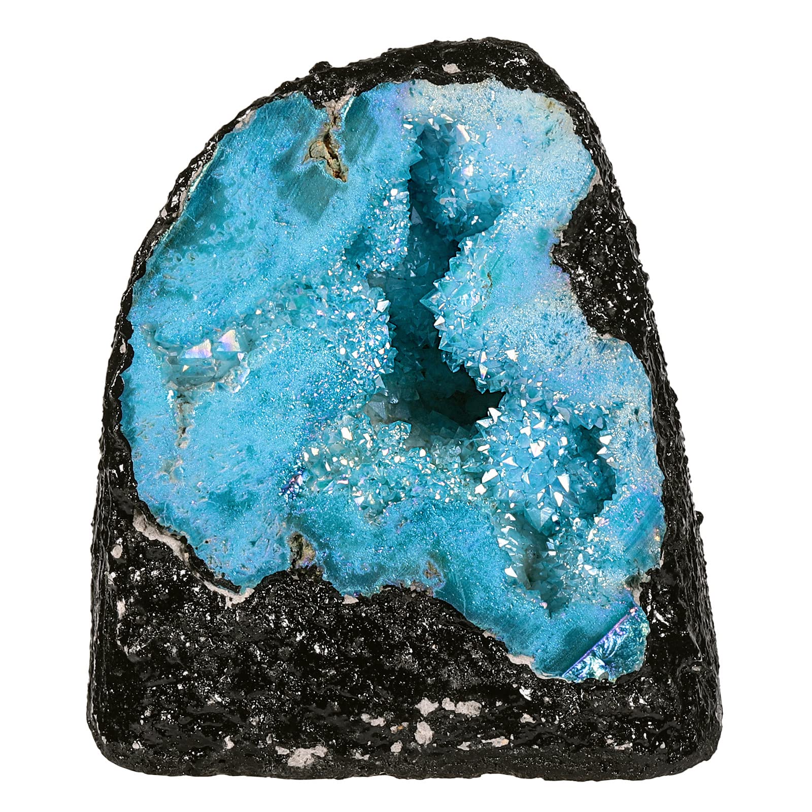 mookaitedecor Titanium Coated Quartz Blue Crystal Geode Ornament for Home Office Party Decor Natural Reiki Healing Crystal Stone Specimen Irregular Blue Crystal Gift Rocks and Minerals Blue Room Decor