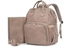 ROSEGIN Premium Vegan Leather Diaper Bag Backpack with Waterproof Changing Pad – Reinforced Stitching & Zippers, Baby Bag for Boy Girl, Stroller Straps, Ergonomic Design for Traveling Moms, Taupe