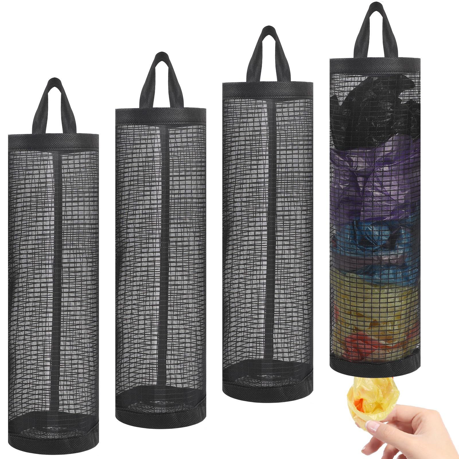 4 Pcs Plastic Bag Holder, Carrier Bag Storage Mesh Grocery Bag Holder Hanging Foldable Trash Bag Organizer Recycling Shopping Bag for Home and Kitchen