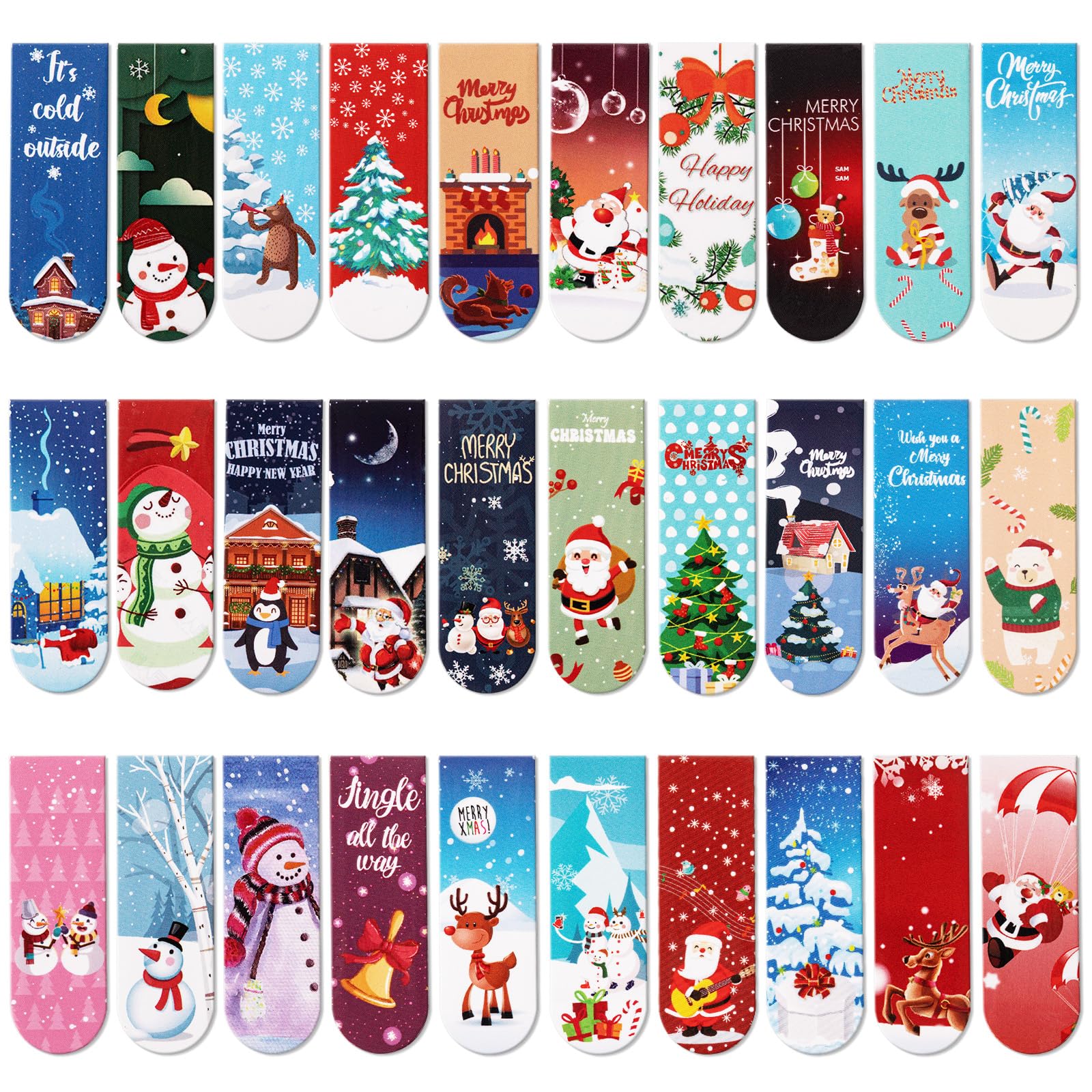 JSRQT 30Pcs Christmas Magnetic Bookmarks,Snowman Magnet Page Markers, Santa Claus Magnetic Book Markers for Students Teacher Christmas 2X6cm,30 Styles
