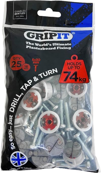 Gripit Red Plasterboard Fixings Heavy Duty 74kg 25 Pack UK Designed