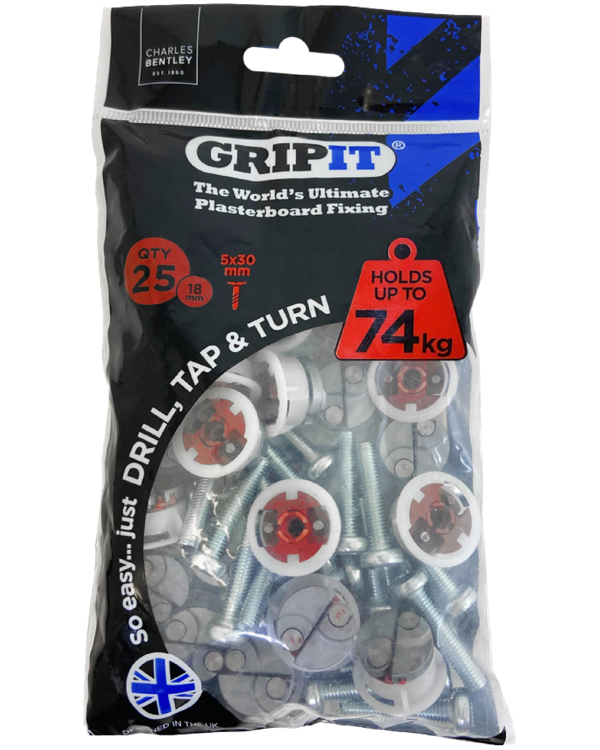 Gripit Red Plasterboard Fixings - Heavy Duty Plasterboard Fixings for Drywall & Stud Walls, Holds Up to 74kg - Ideal for Shelves, Shower Units and Speakers - Easy Install & UK Designed (25 Pack) — image 1